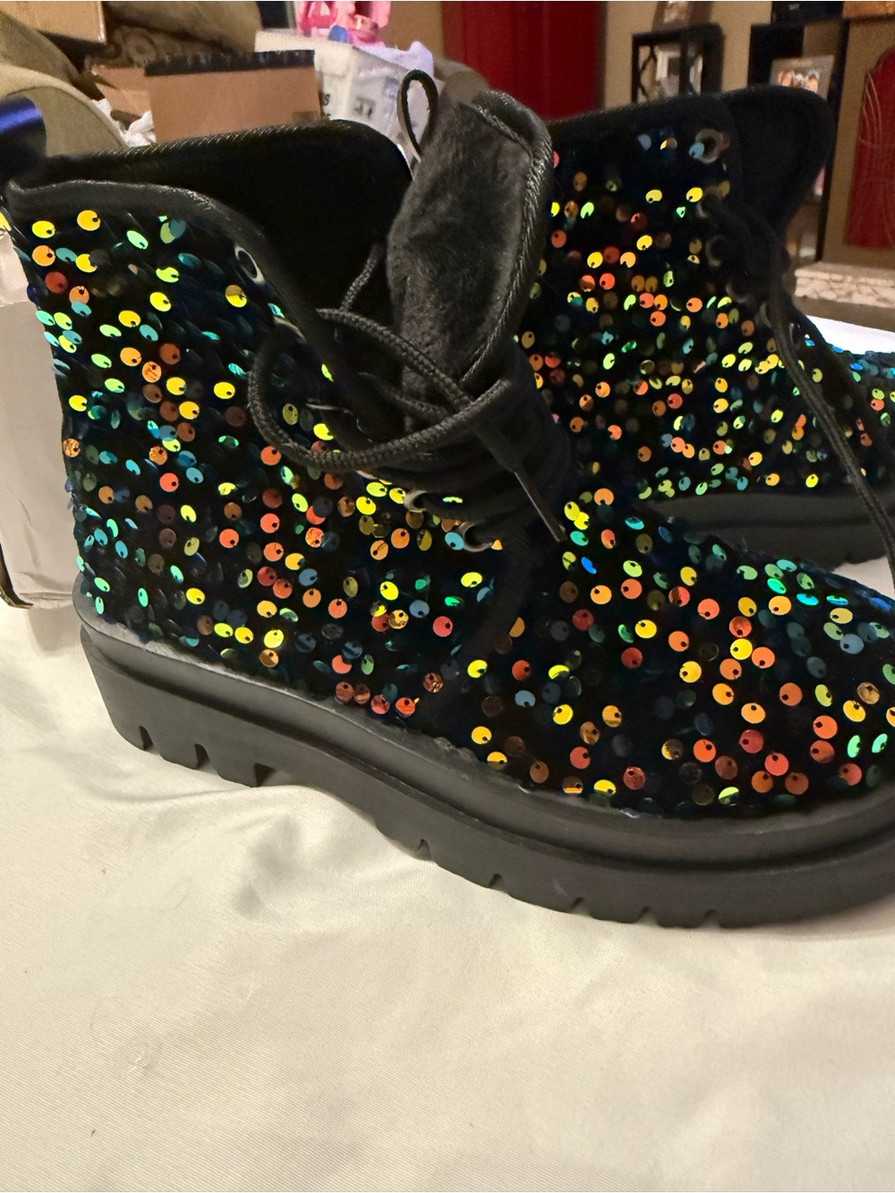 Black Sequin Lace-Up Combat Style Boots 6.5/7